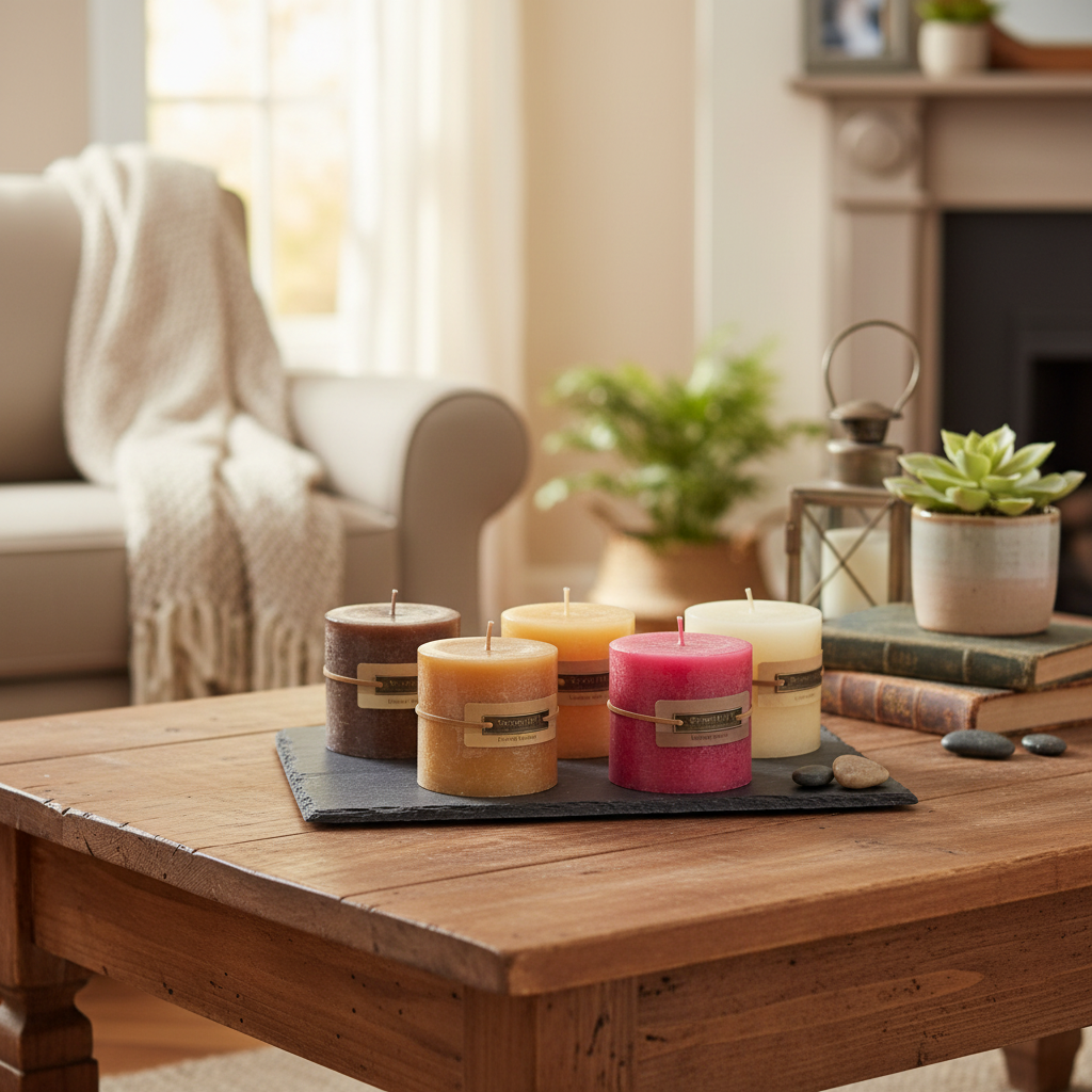 All Five 3 Inch Pillar Candles combined in homely setting