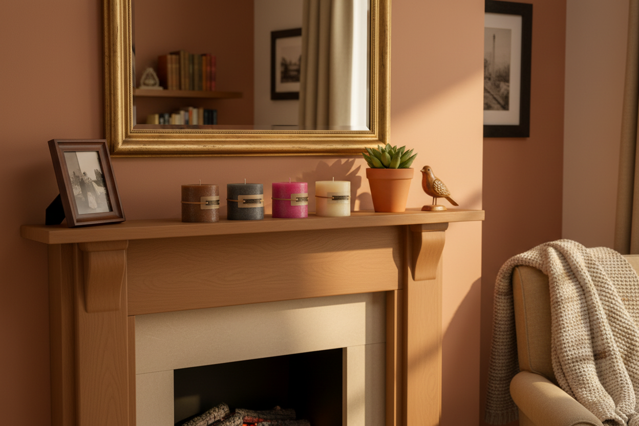 All Five 3 Inch Pillar Candles on mantelpiece