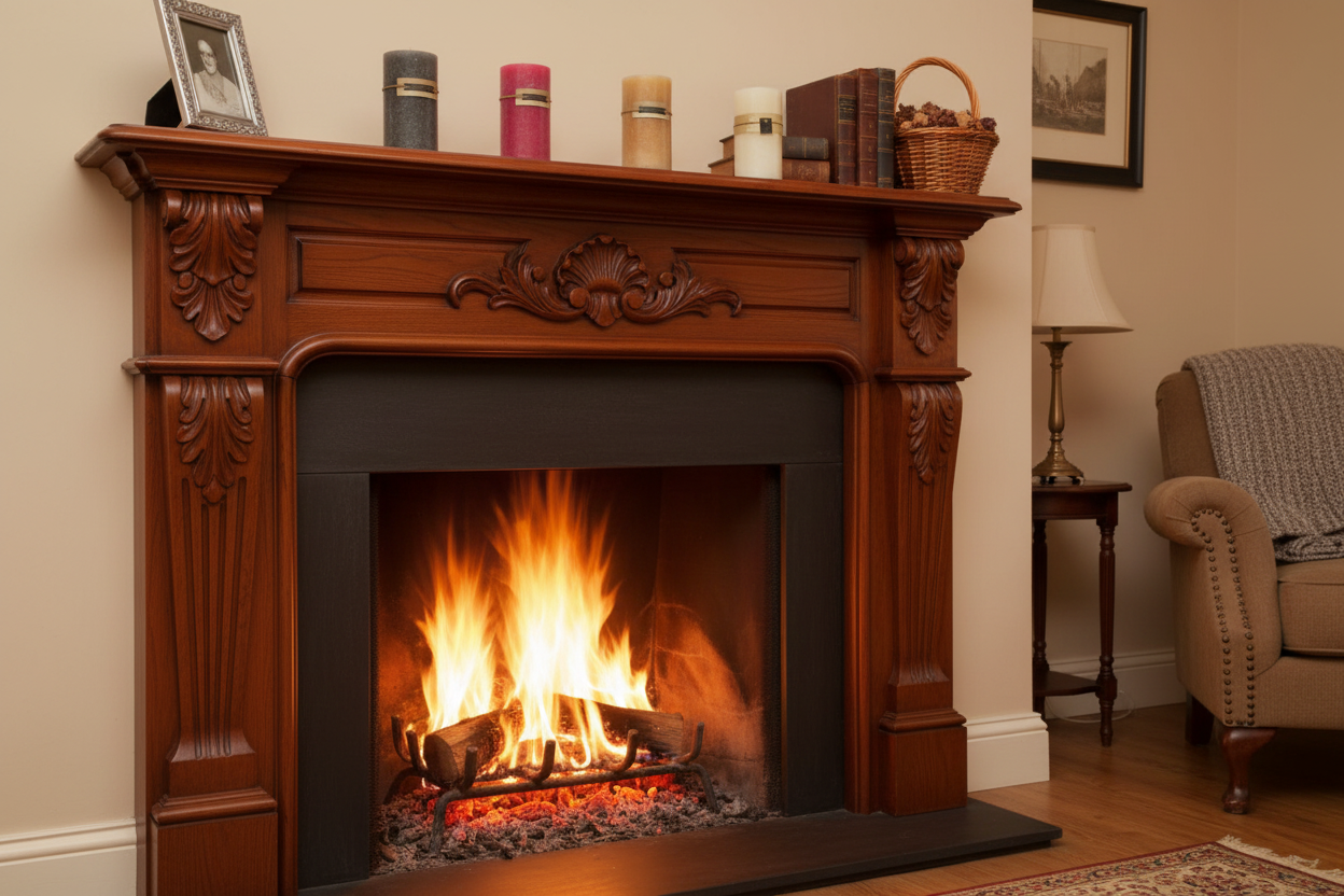 All Four 6 Inch Pillar Candles on mantelpiece with fireplace