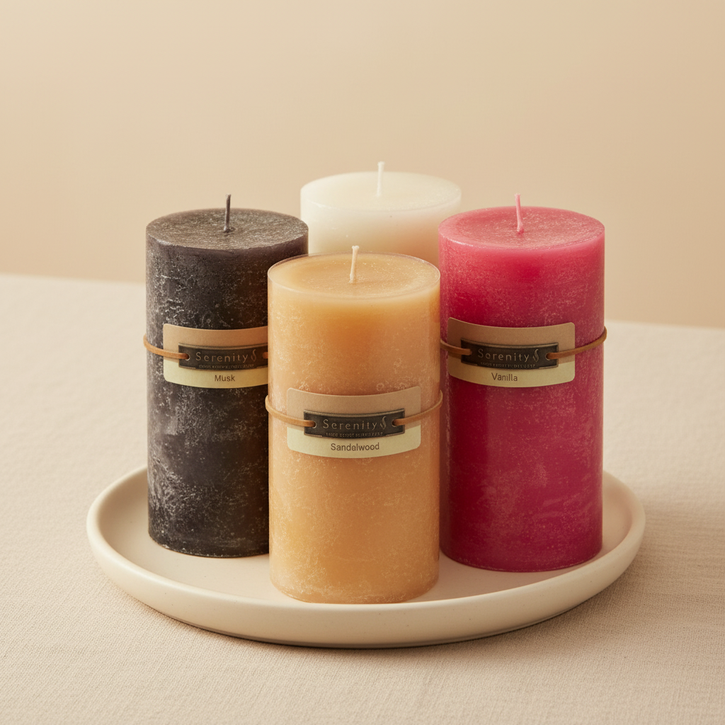 All Four 6 Inch Pillar Candles with cream background