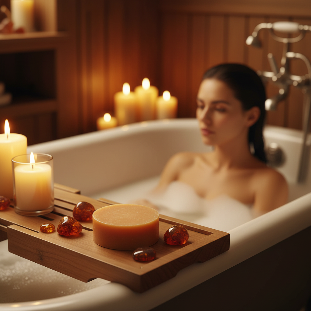 Amber Lights Soap in bath with crystals and candles - alternate view