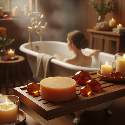 Amber Lights Soap in bath with rounded amber crystals and candles
