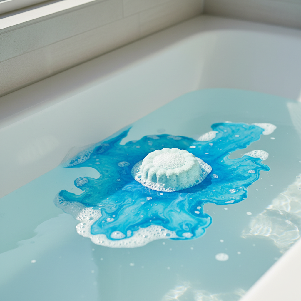Blue Mist Bath Bomb with original shape fizzing in bath