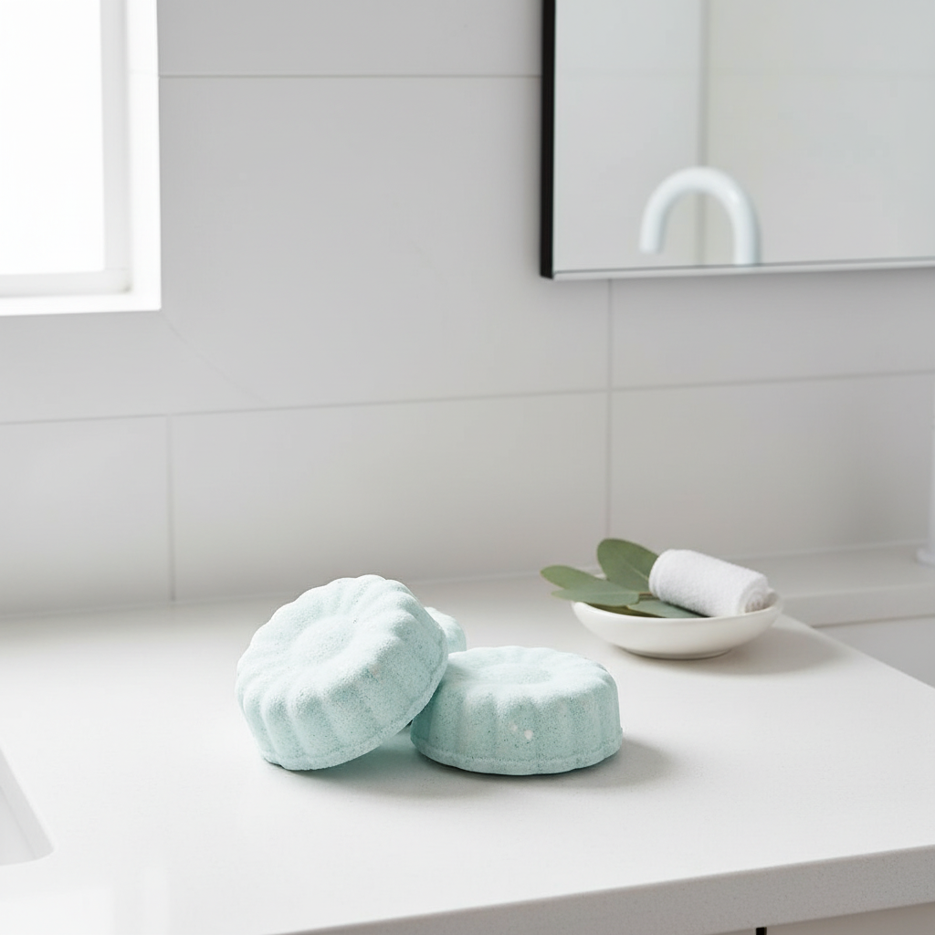 Blue Mist Bath Bombs - softer blue on white benchtop