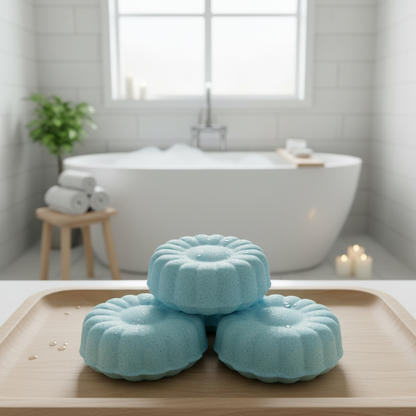 Blue Mist Bath Bombs with bathroom background