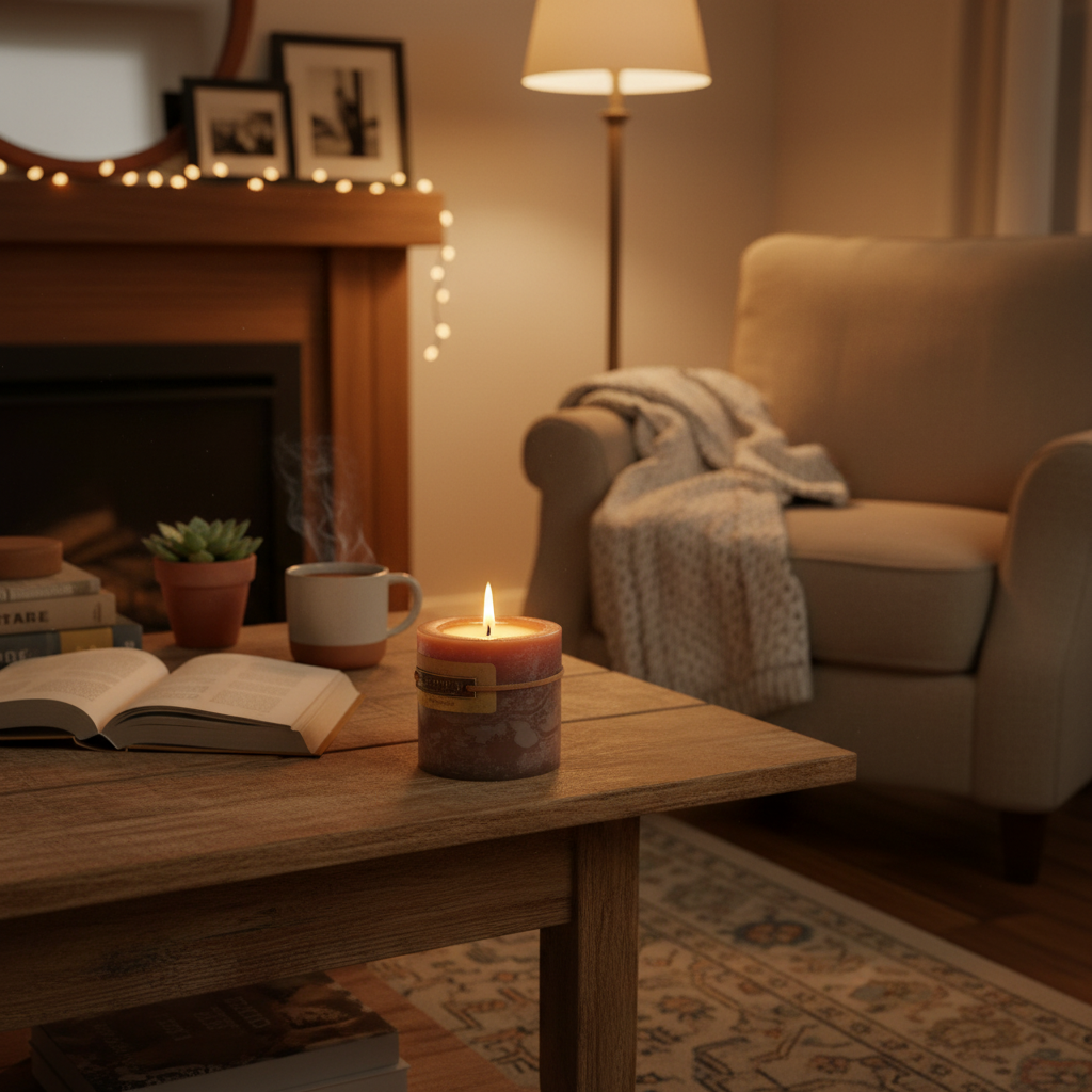 Chocolate 3 Inch Pillar Candle in homely setting