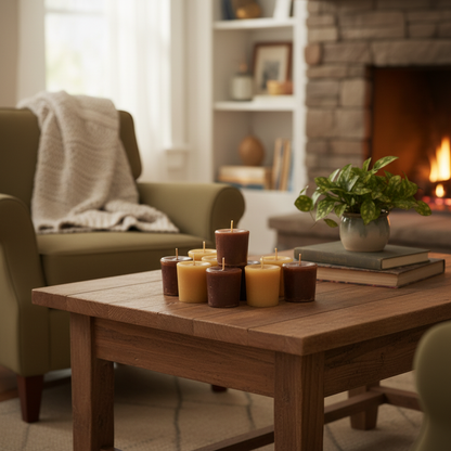 Chocolate and Sandalwood Votive Candles combined in homely setting