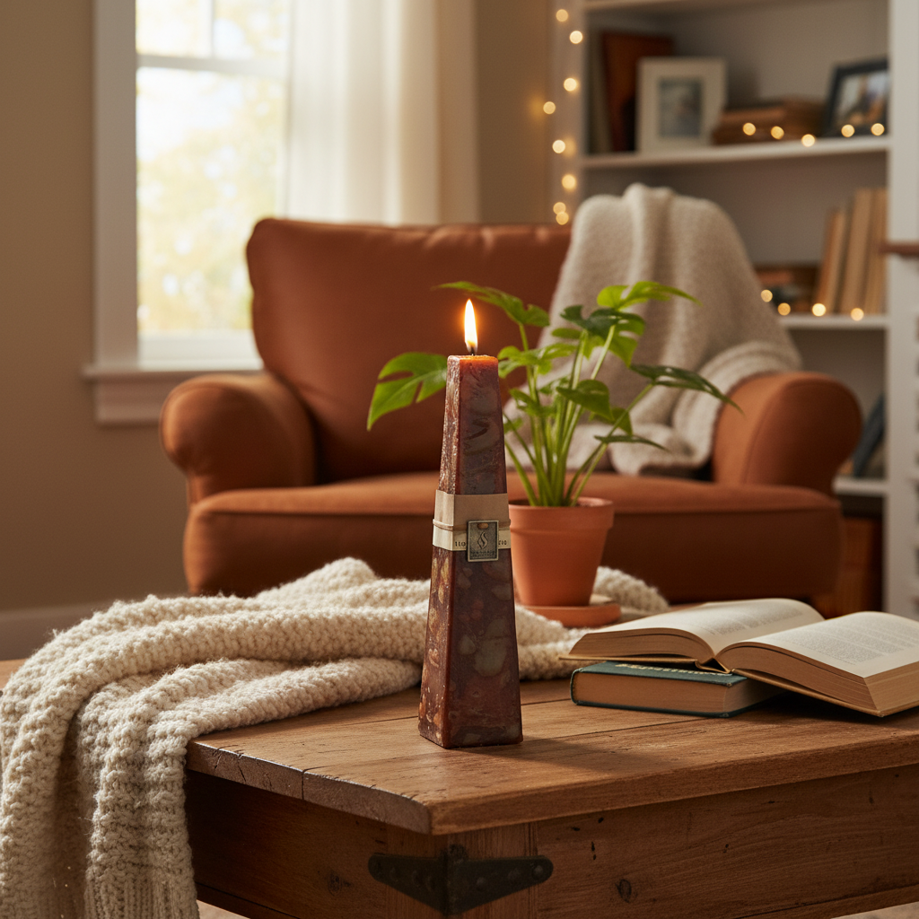 Chocolate Pillar Candle - full height in homely setting
