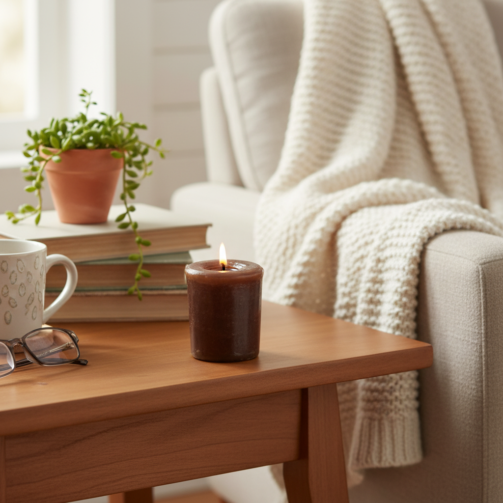 Chocolate Votive Candle in homely setting
