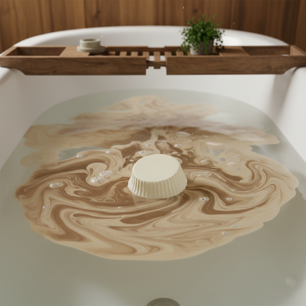 Cocoa Butter Bath Bomb fizzing in water with cream swirls