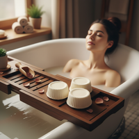 Cocoa Butter Bath Bombs in wood-toned bathing scene