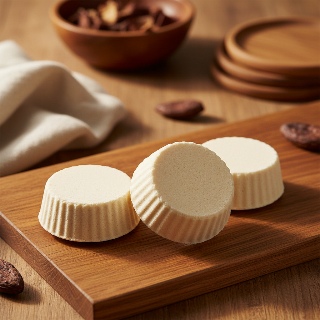 Cocoa Butter Bath Bombs on wood-toned background