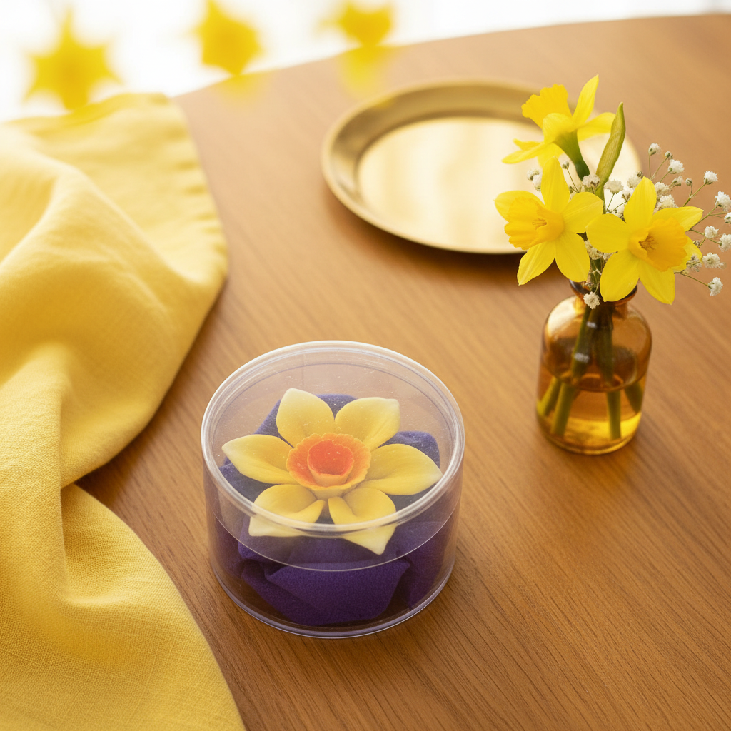 Daffodil Incense Holder in container - overhead view with yellow tones