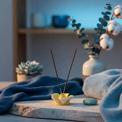 Frangipani Incense Holder with incense stick in blue setting