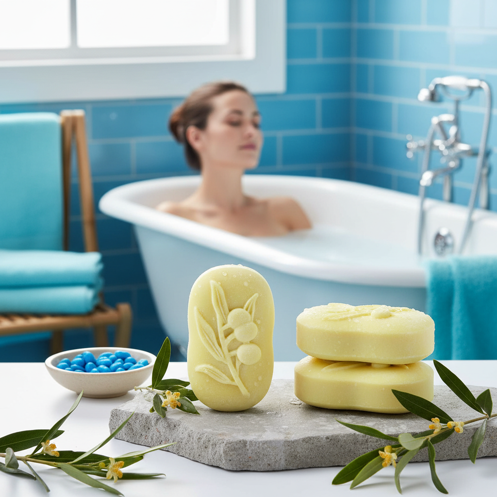 Lemon Myrtle Soap in blue-toned bath - alternate view