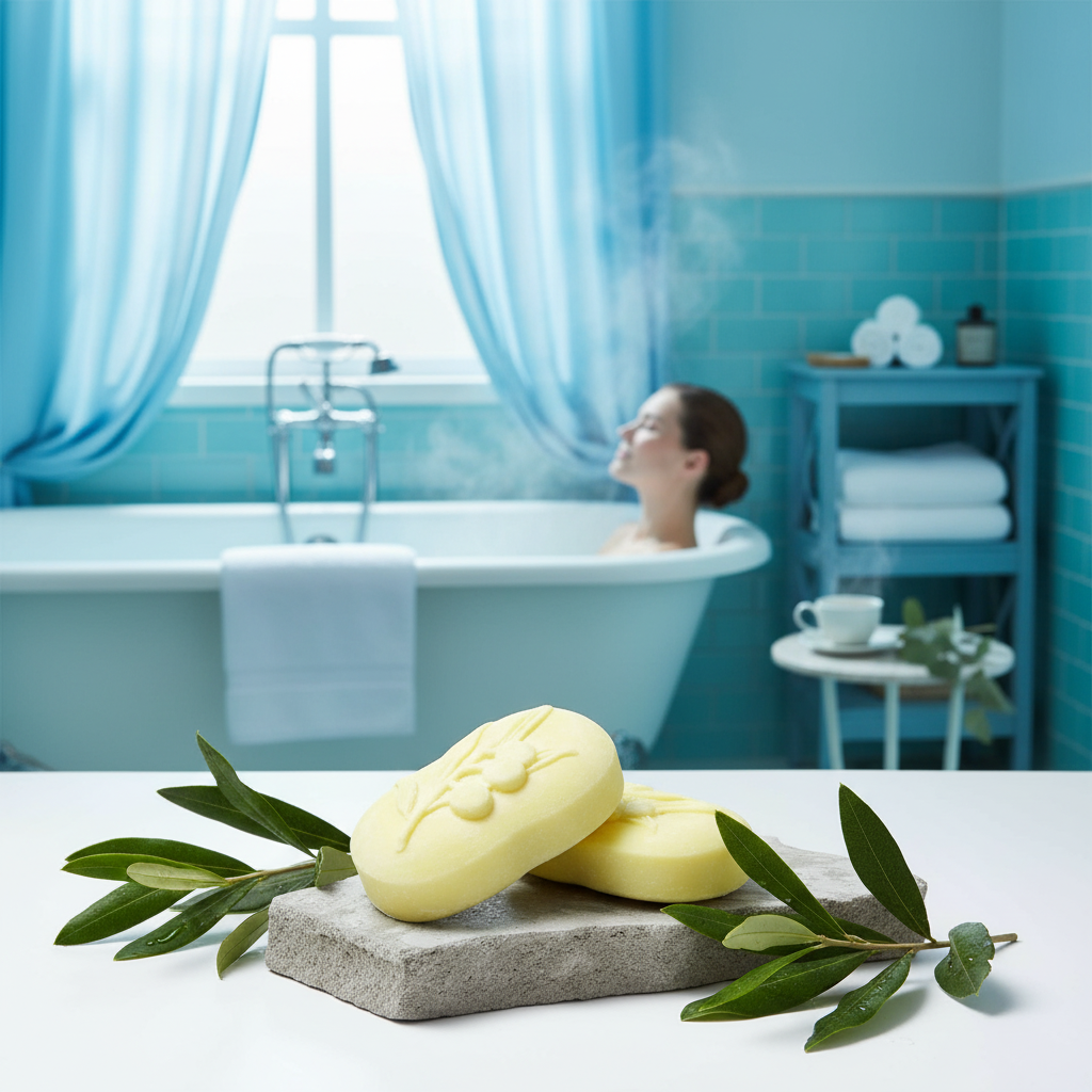 Lemon Myrtle Soap in blue-toned bath