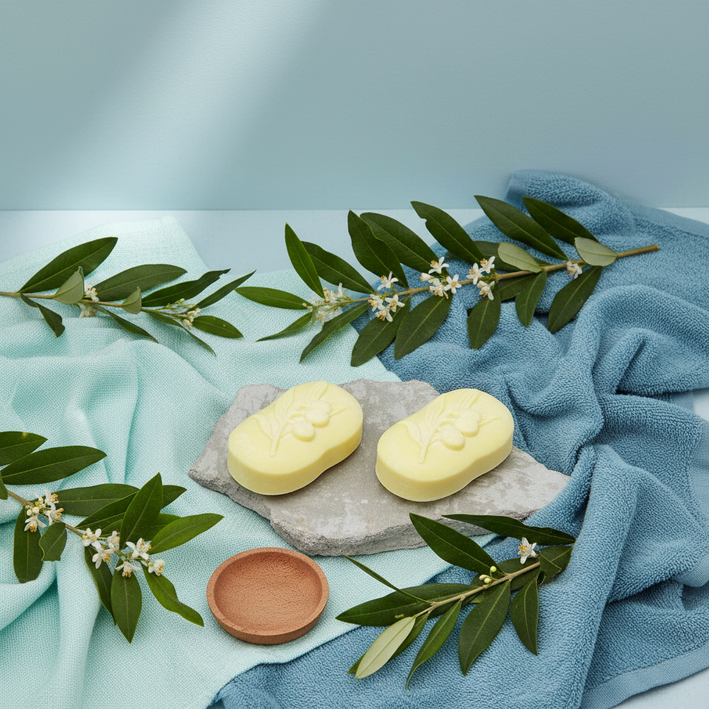 Lemon Myrtle Soap with blue-toned homely background