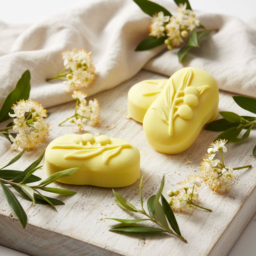 Lemon Myrtle Soap with yellow hue and lemon myrtle flowers