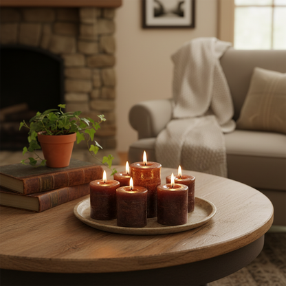 Multiple Chocolate Votive Candles in homely setting