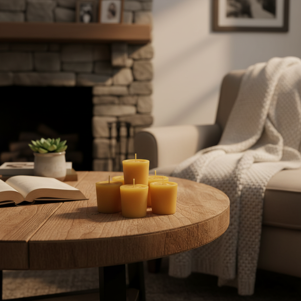 Multiple Sandalwood Votive Candles in homely setting
