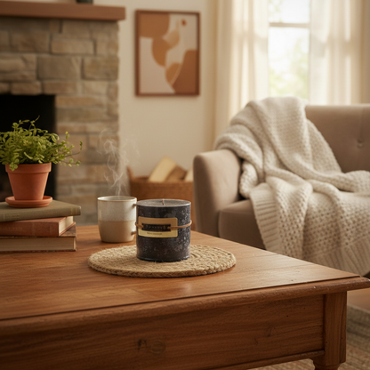 Musk 3 Inch Pillar Candle in homely setting