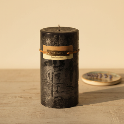 Musk 6 Inch Pillar Candle with simple homely background