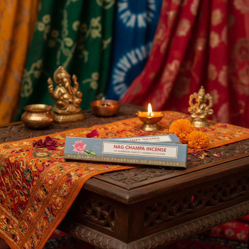 Nag Champa incense in Indian-inspired setting