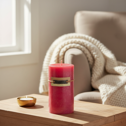 Rose 6 Inch Pillar Candle with simple homely background - fresh