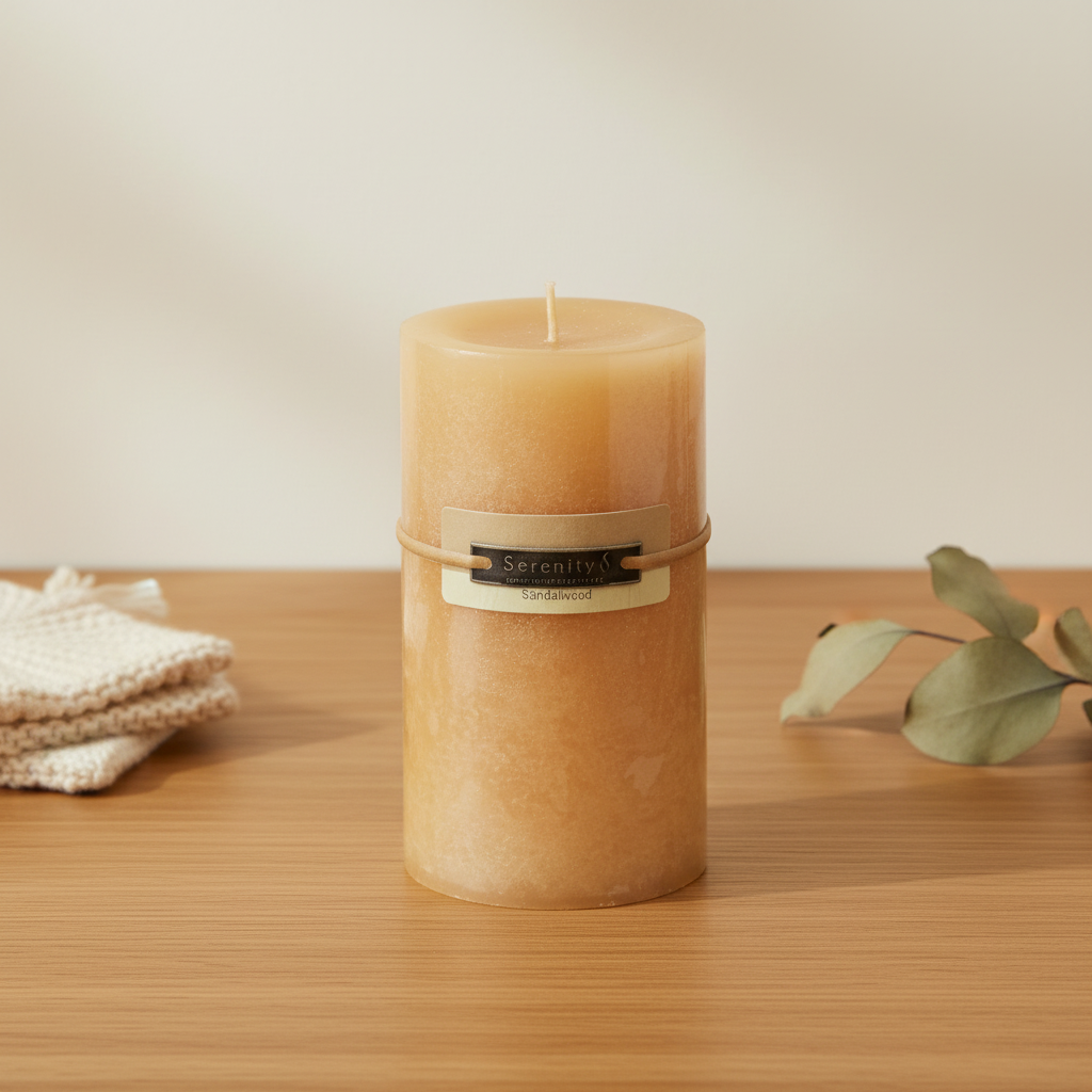 Sandalwood 6 Inch Pillar Candle with simple homely background