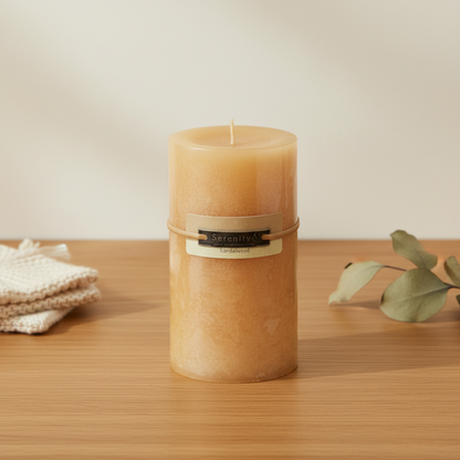 Sandalwood 6 Inch Pillar Candle with simple homely background
