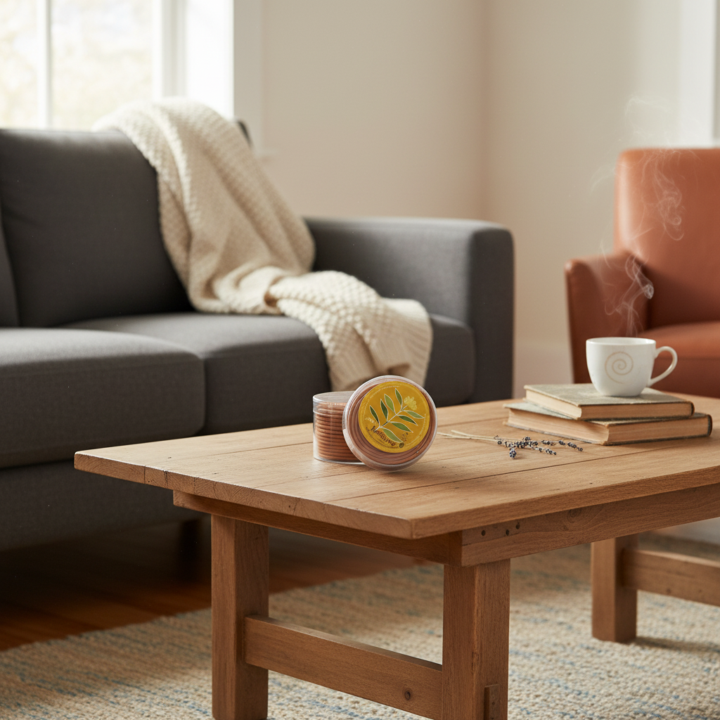 Sandalwood Incense Coil on coffee table