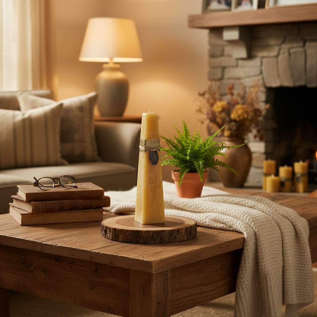 Sandalwood Pillar Candle - full height in homely setting