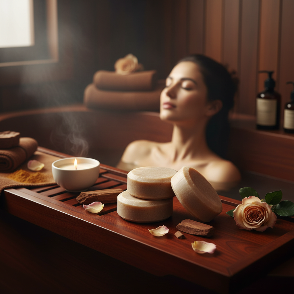 Sandalwood Soap in bath with deep wood tones