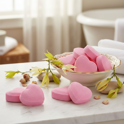 Sensuale Heart Bath Bombs in bowl with ylang ylang flowers