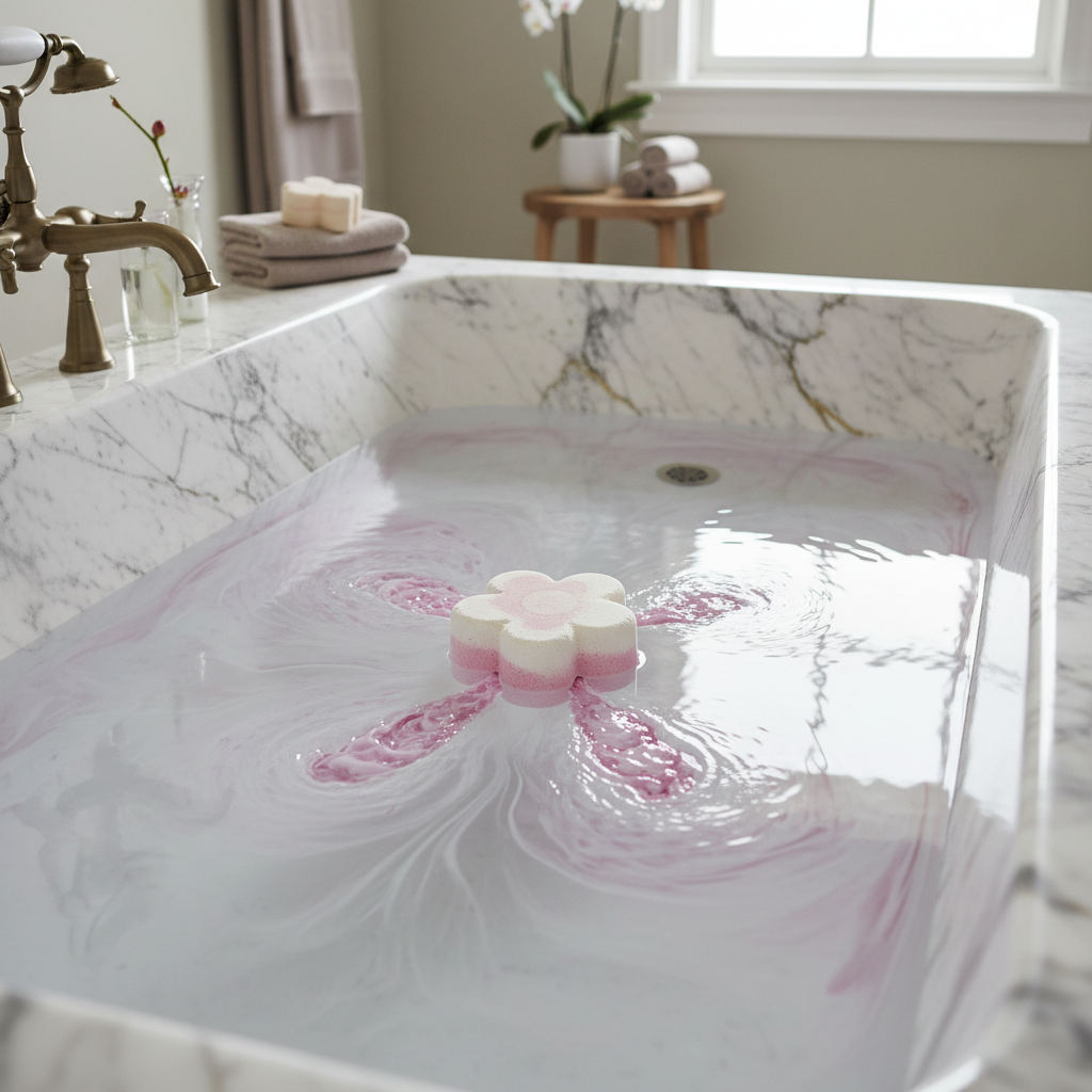 Van der Rose Bath Bomb fizzing in marble bath with pink and white swirls