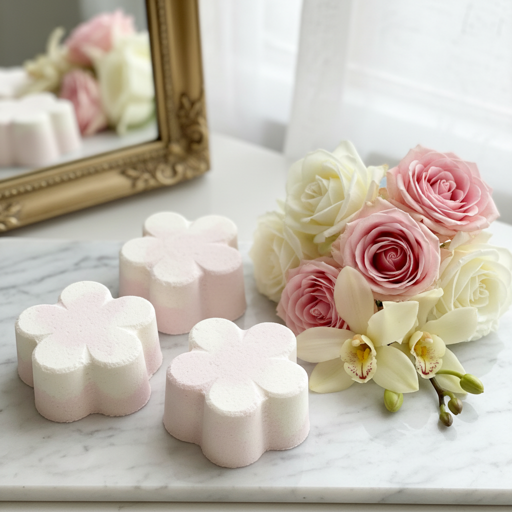 Van der Rose Bath Bombs with roses and vanilla flowers