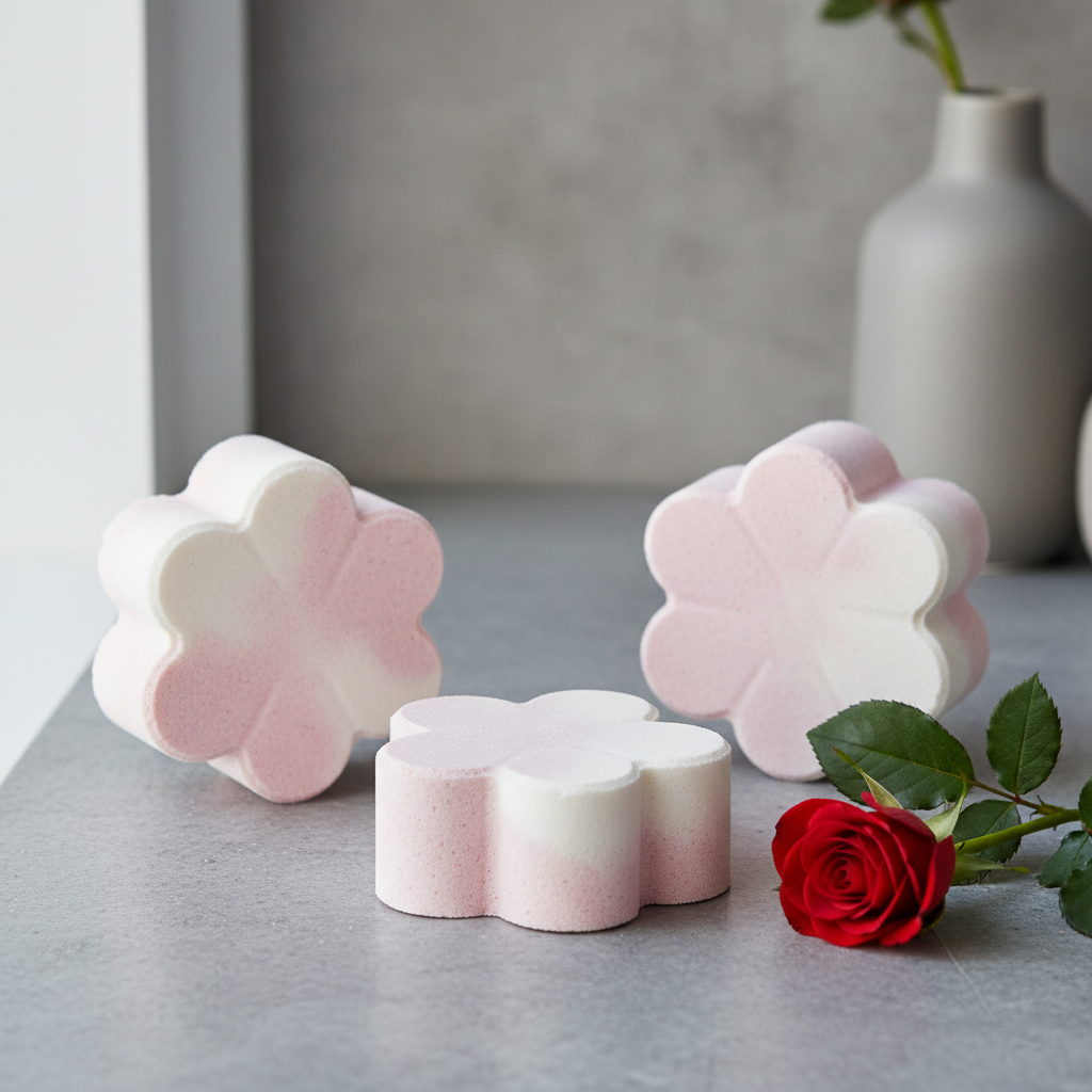 Van der Rose Bath Bombs with subtle blended colors on grey benchtop