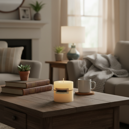 Vanilla 3 Inch Pillar Candle in homely setting