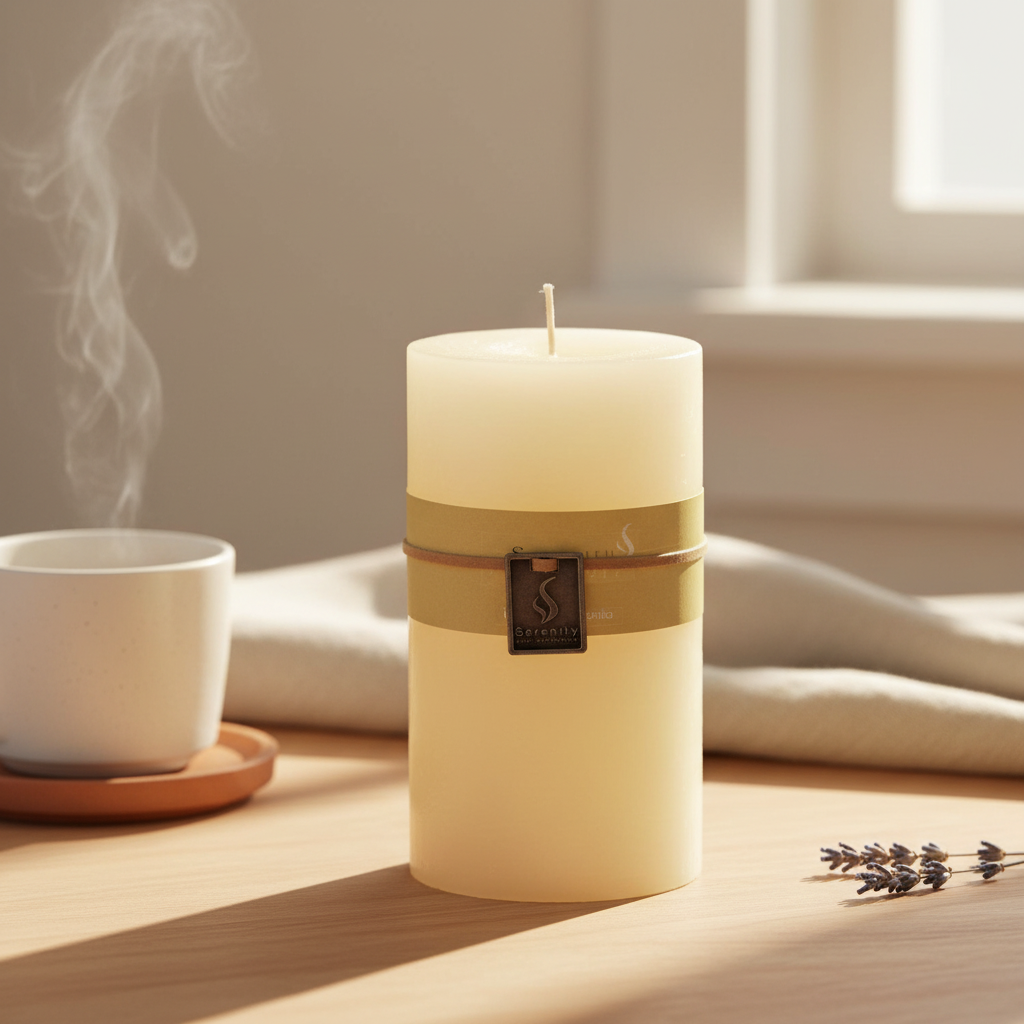 Vanilla 6 Inch Pillar Candle with simple homely background