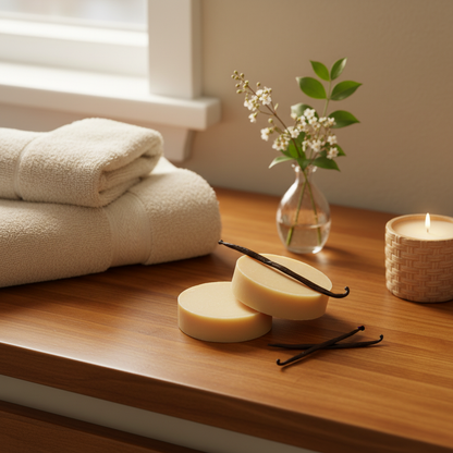 Vanilla Soap on bathroom benchtop with wood tones