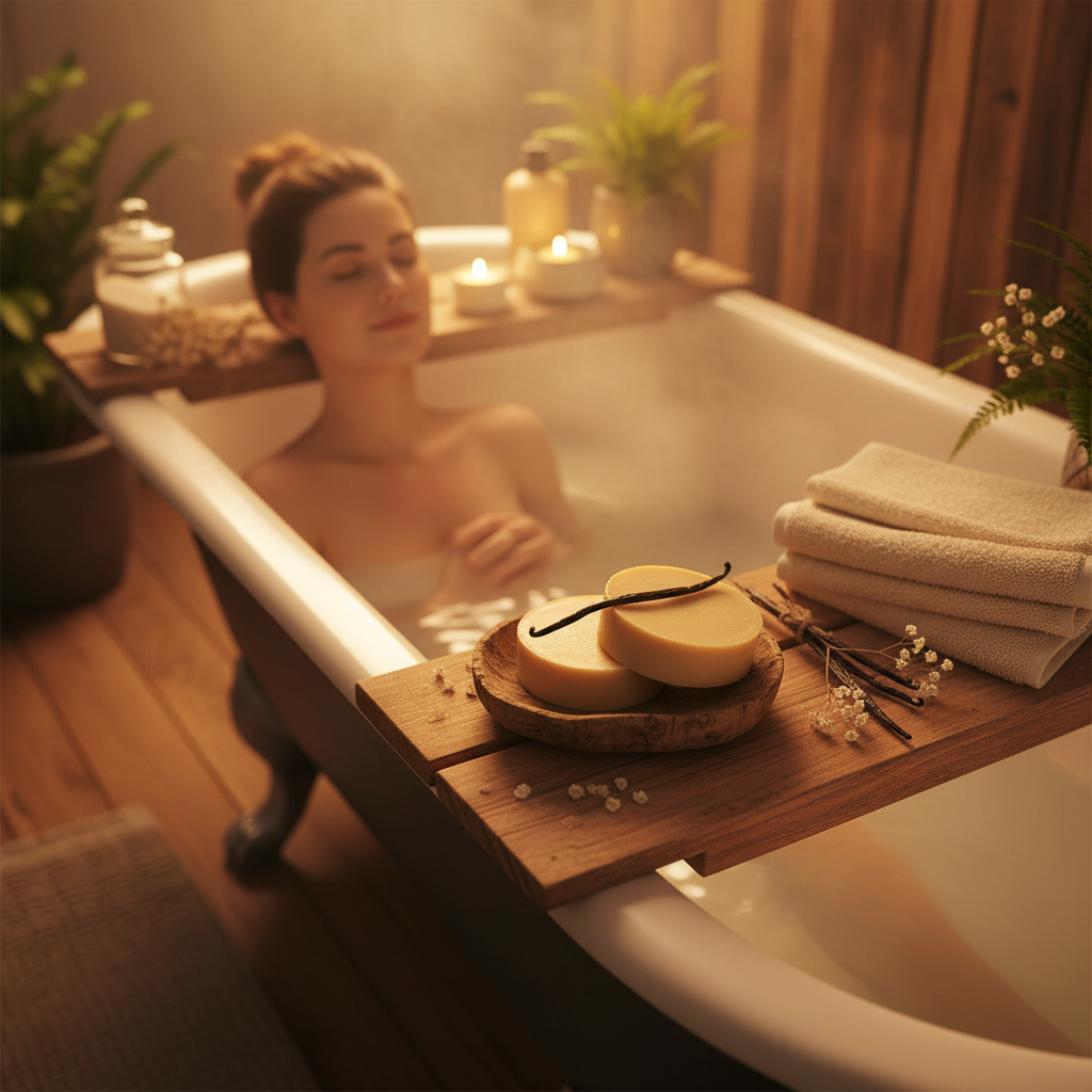 Vanilla Soap with wood-toned bath scene - alternate angle